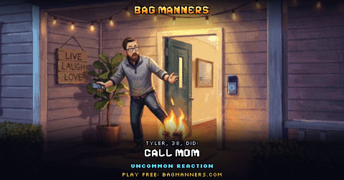 Tyler, 38, doing Call Mom on his porch