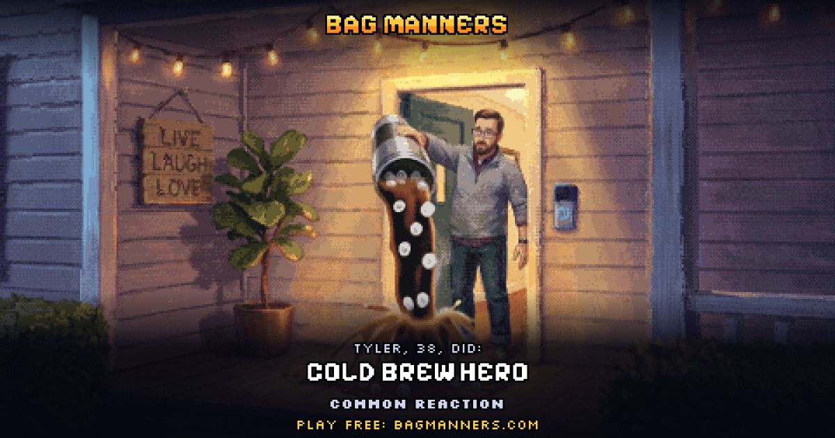 Tyler, 38, doing Cold Brew Hero on his porch