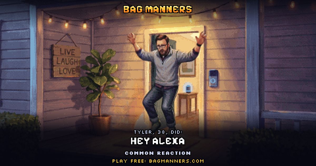 Tyler, 38, doing Hey Alexa on his porch