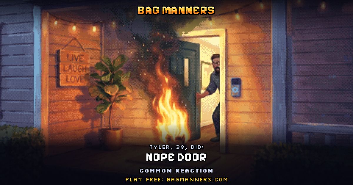 Tyler, 38, doing Nope Door on his porch