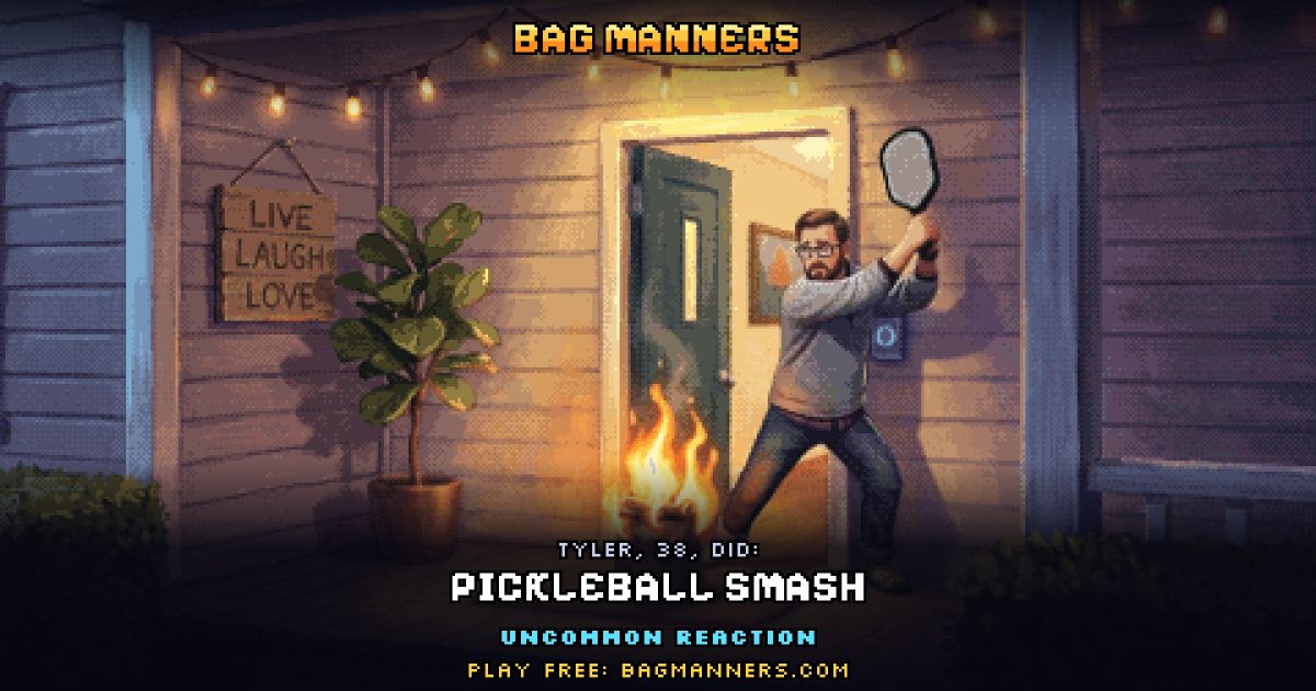 Tyler, 38, doing Pickleball Smash on his porch