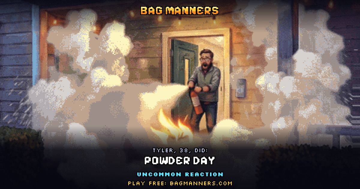 Tyler, 38, doing Powder Day on his porch