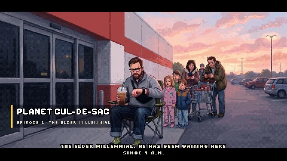 Planet Cul-de-Sac: a millennial in a lawn chair outside a store at dawn, kids behind him