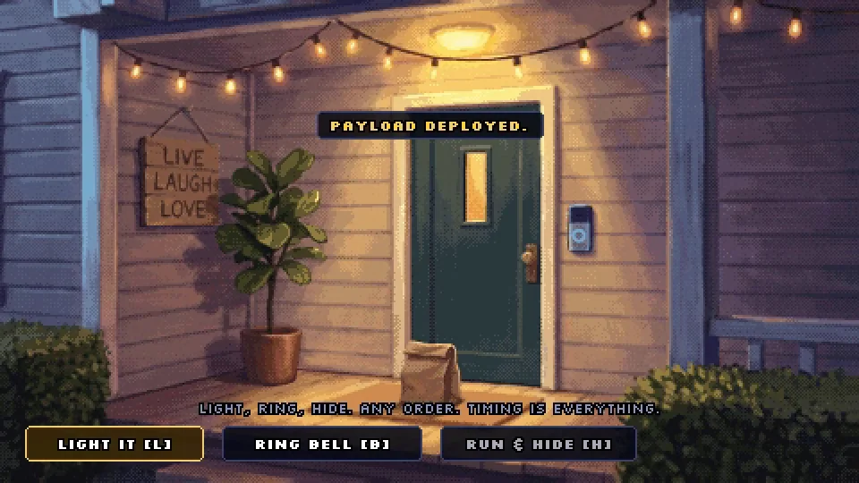 A paper bag on Tyler's doormat under the porch lights