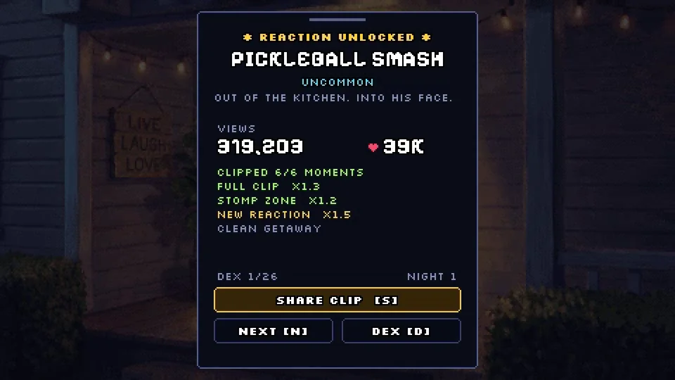 Results screen: reaction unlocked, views and likes